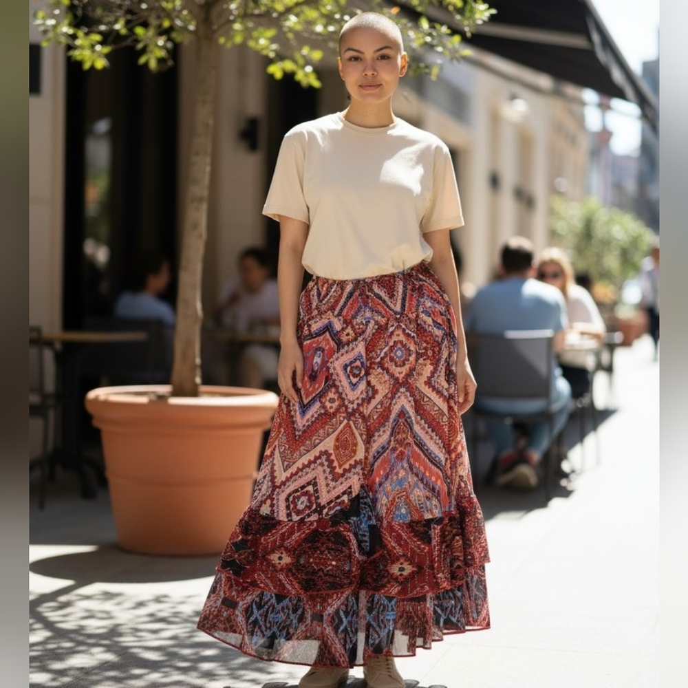 Life Style Skirt Womens Small‎ Red Boho Geometric Maxi Ruffle Hem Lined Festival